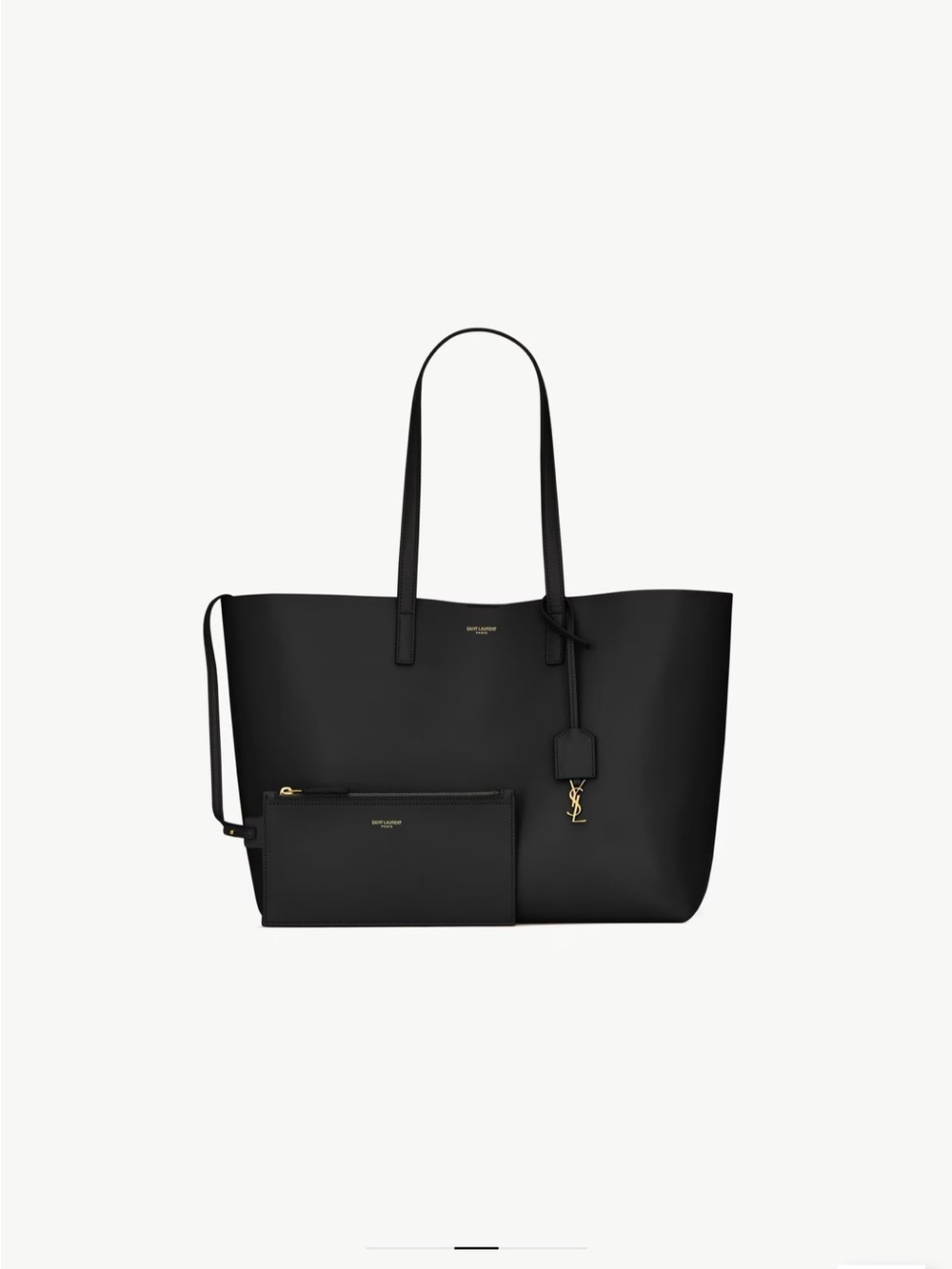 Saint Laurent Black Leather Tote with Removable Zip Pouch and Gold Hardware